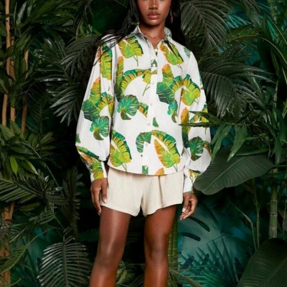 WHITE PALM BUTTON DOWN PANTERN SLEEVE SHIRT SUMMER VACAY - Picture 6 of 6